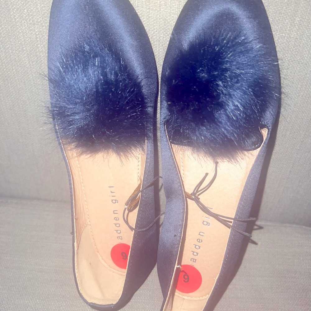Madden Girl Blue Satin Slippers with Pom Pom